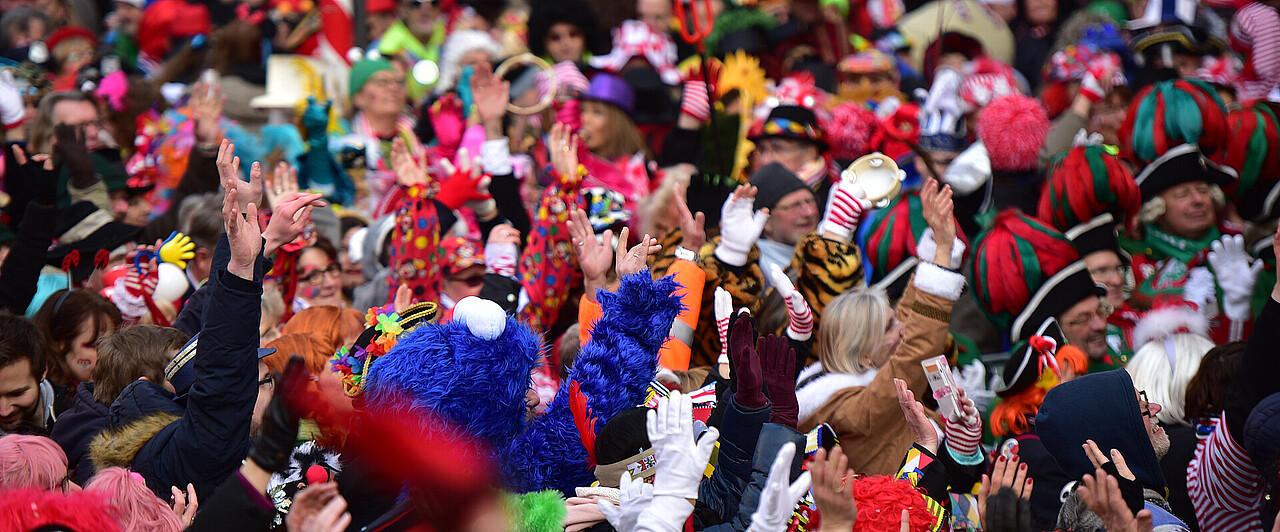 Eine bunte Menschenmenge, die Personen sind mit Kostümen verkleidet.